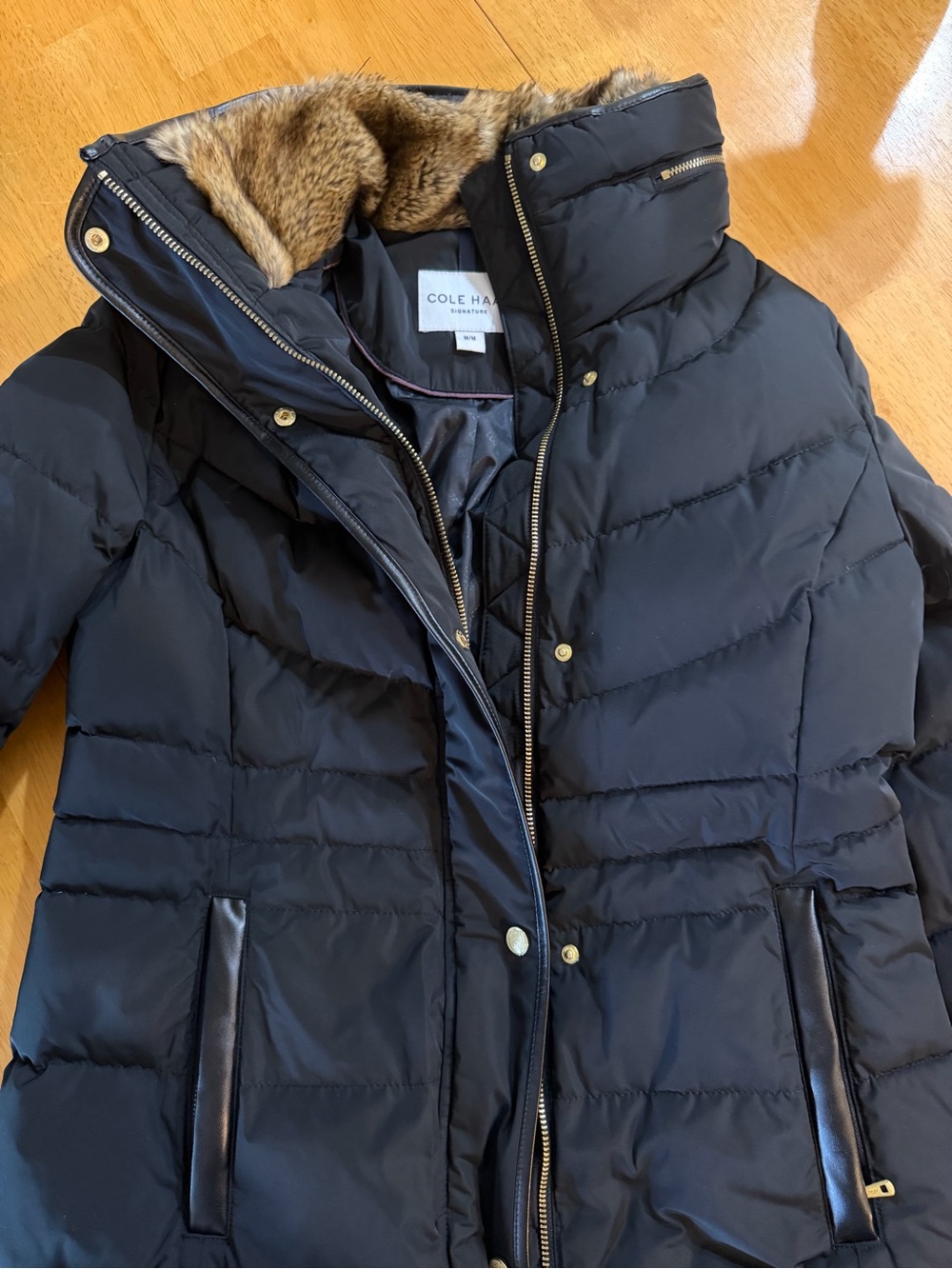 Cole Haan Black Down Puffer Coat with Faux Fur Trim